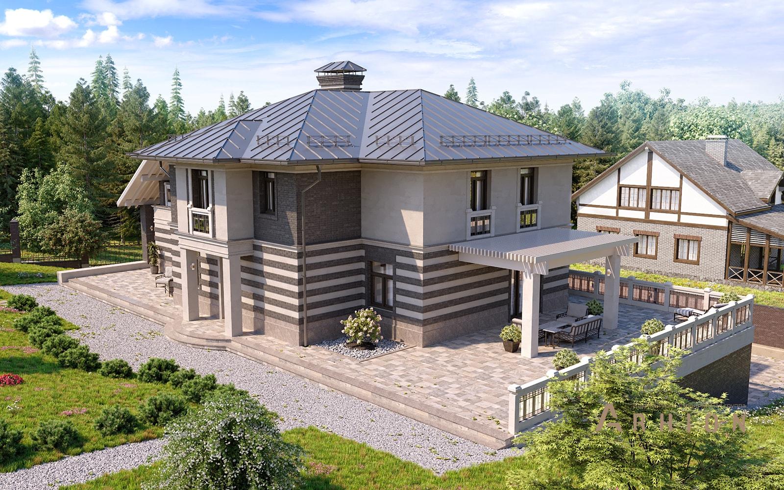 5. Проект двухэтажного дома в современном стиле с многоскатной кровлей, av-500, площадью - 500 кв c цокольным этажом, терассой, балконом, гаражом, эркером